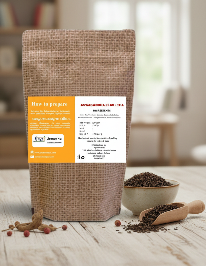 A cup of Aswagandha flavoured tea with fresh herbs and a teapot, showcasing the herbal tea flavor and natural ingredients.