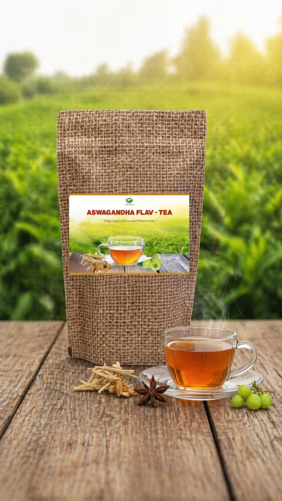 Cup of Aswagandha flavoured herbal tea in a glass mug, showcasing the tea's rich amber color and fresh herbal ingredients.