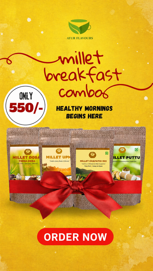 A bowl of millet breakfast combo with millet grains, fresh fruits, and nuts on a wooden table, healthy breakfast meal from My Store.