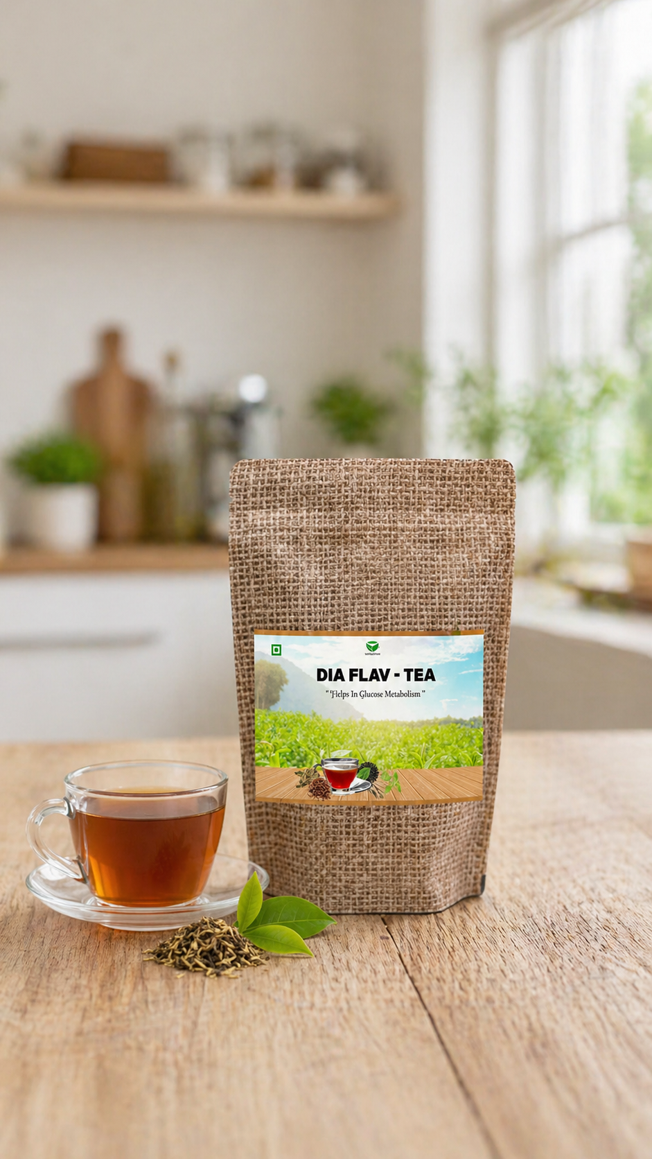 Tea package with a cup of tea on a wooden table in a kitchen setting
