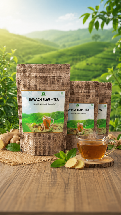 Kavach Flav tea pack from My Store, featuring vibrant packaging with tea leaves and flavor details for a refreshing brew.