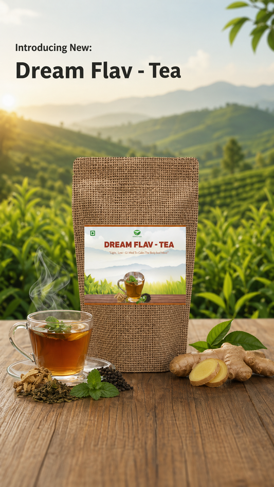 A cup of Dream Flav tea from My Store with fresh tea leaves and a steaming beverage on a cozy table.