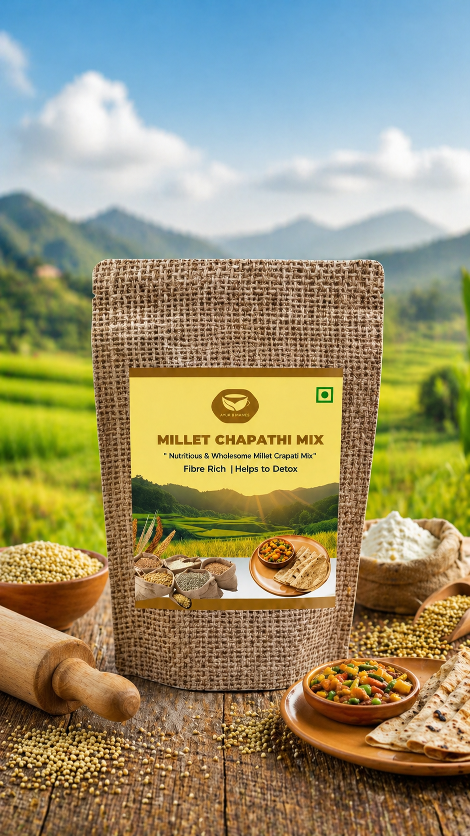Pearl millet and foxtail millet chapati mix from My Store, showcasing a colorful package with fresh millet grains and cooking instructions.