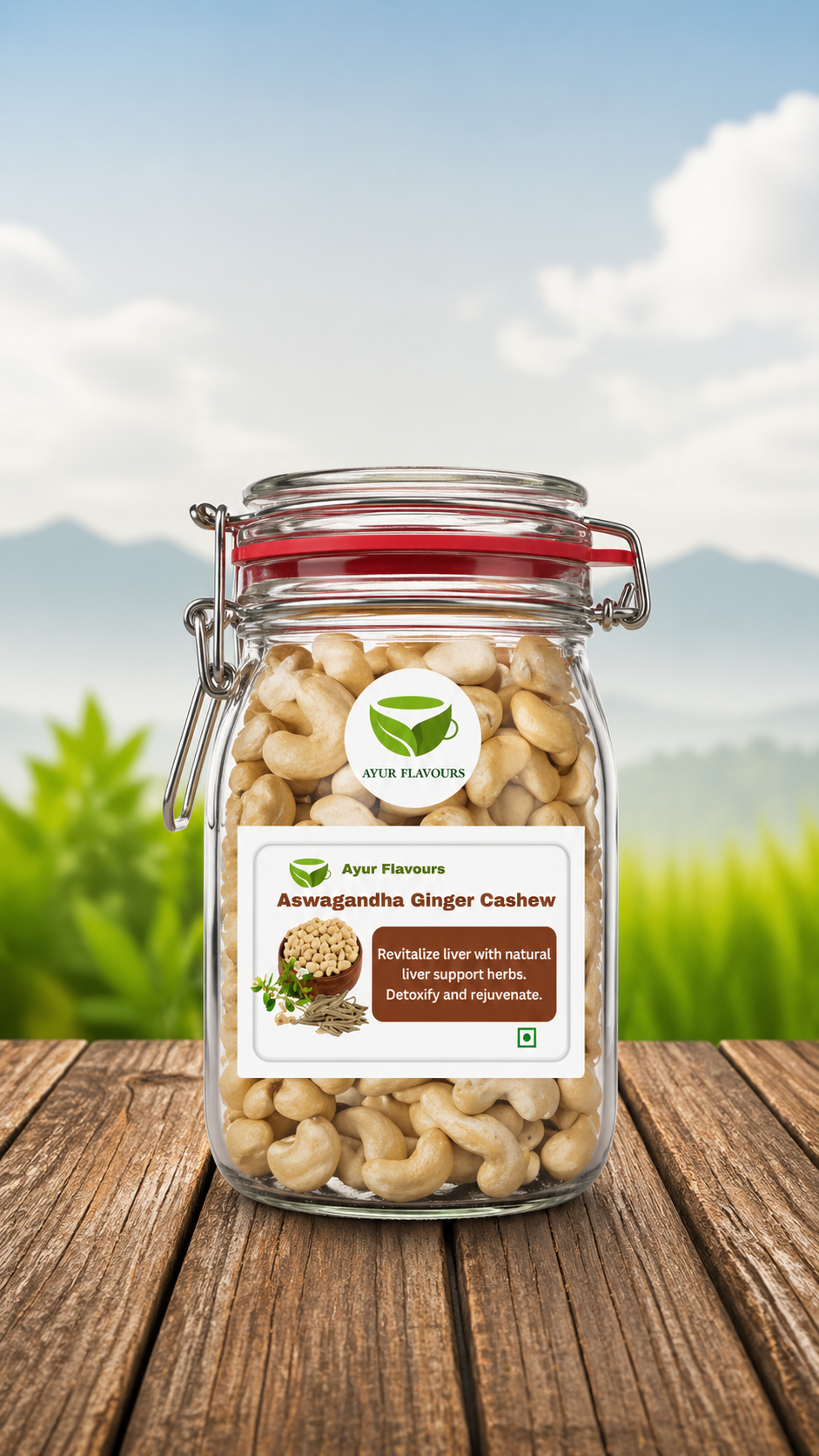 Ashwagandha ginger cashew nuts in a bowl, showcasing the snack's crunchy texture and natural ingredients.