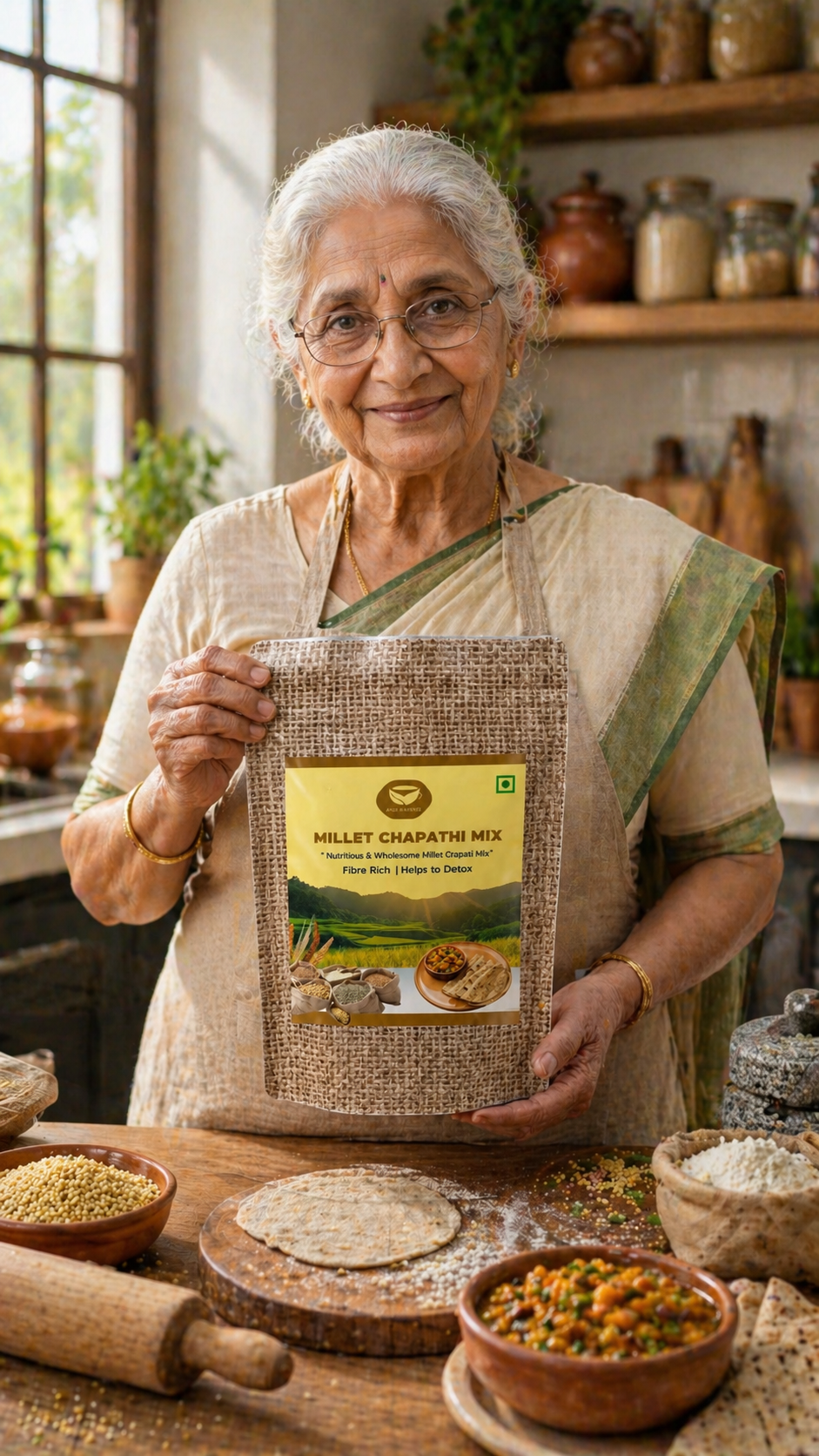 Pearl millet and foxtail millet chappati mix in a package, natural ingredients for healthy Indian flatbreads.