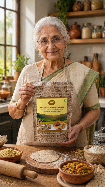 Pearl millet and foxtail millet chappati mix in a package, natural ingredients for healthy Indian flatbreads.
