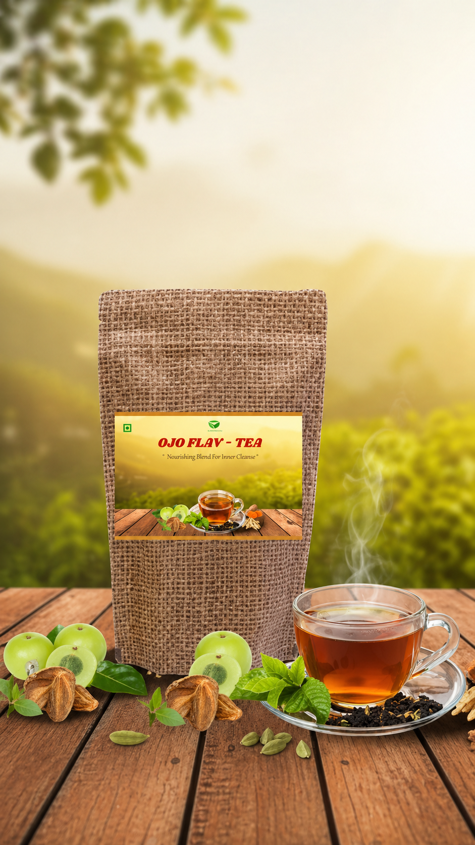 Ojo Flav tea by My Store, featuring a vibrant container with herbal tea blend and fresh ingredients on a rustic wooden background.