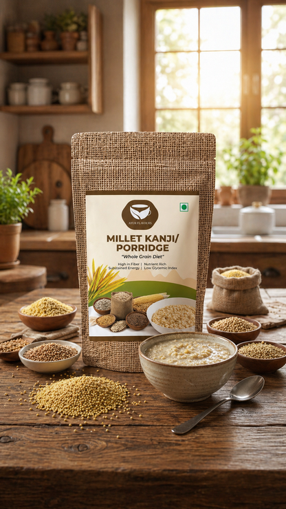 Millet kanji porridge package on a wooden table with ingredients and a bowl of porridge.