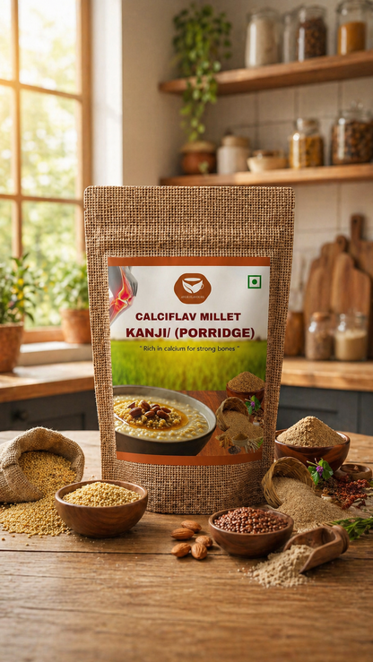 Healthy millet kanji porridge made with Calciflav millet, served in a bowl with fresh ingredients for a nutritious breakfast.