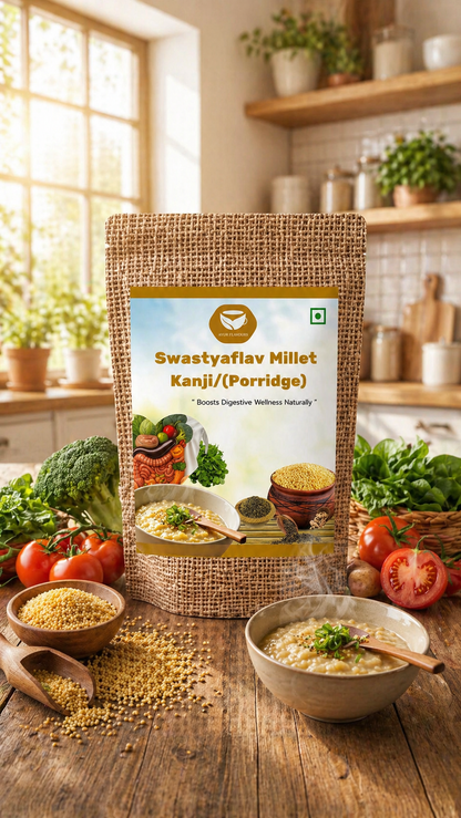 Creamy Swastyaflav millet kanji in a bowl, showcasing a nutritious millet porridge prepared for breakfast or snack.