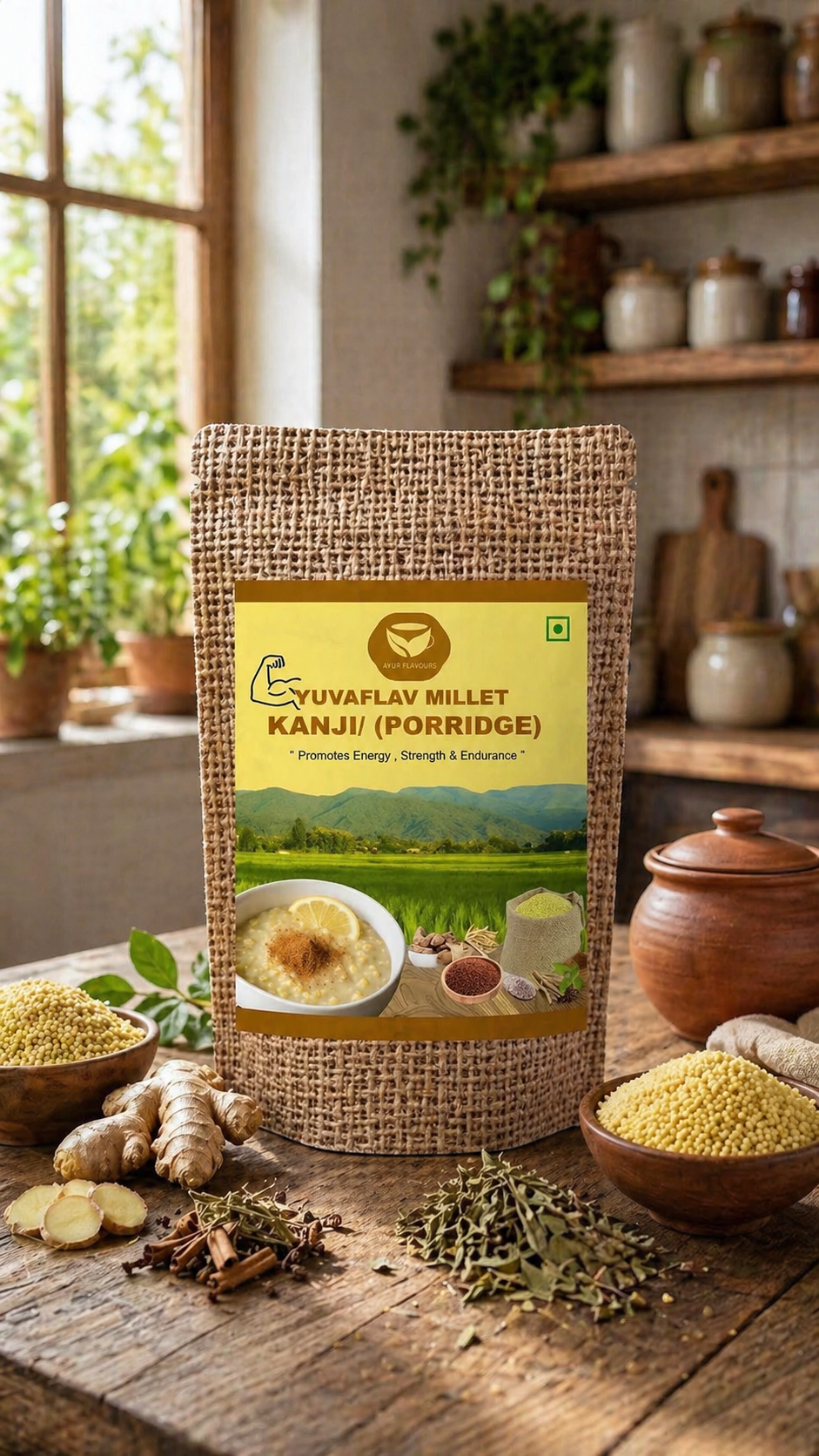 Yuvaflav millet kanji in a bowl, featuring a warm, nutritious millet porridge served with fresh ingredients.