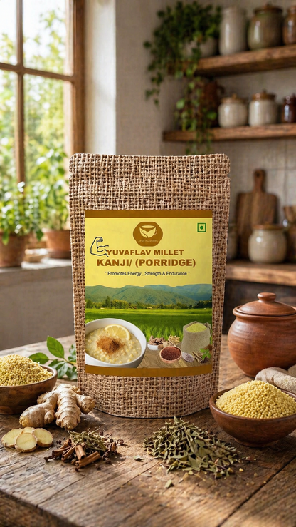 Yuvaflav millet kanji in a bowl, featuring a warm, nutritious millet porridge served with fresh ingredients.