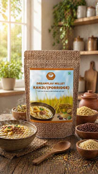 Creamy millet kanji porridge from Dreamflav, served in a bowl with a spoon, showcasing a nutritious breakfast option.