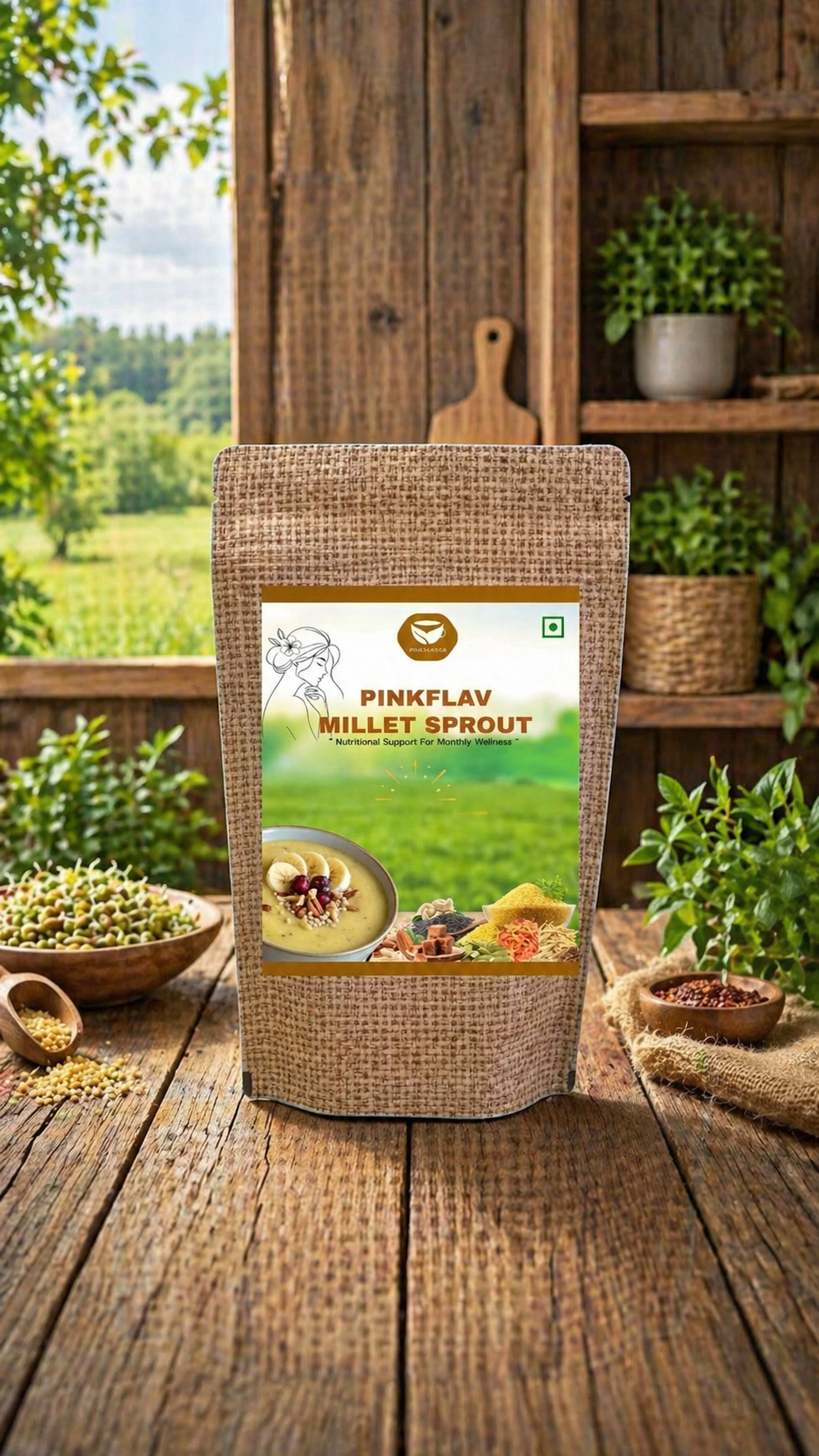Pinkflav Millet Sprout Mix from My Store featuring fresh, colorful millet sprouts in a clear glass bowl.