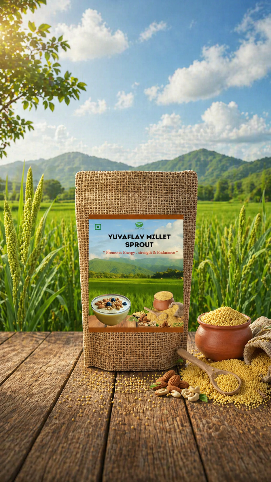 Yuvaflav Millet Sprout Mix from My Store, showing fresh sprouted millet grains in a clear bowl on a wooden surface.