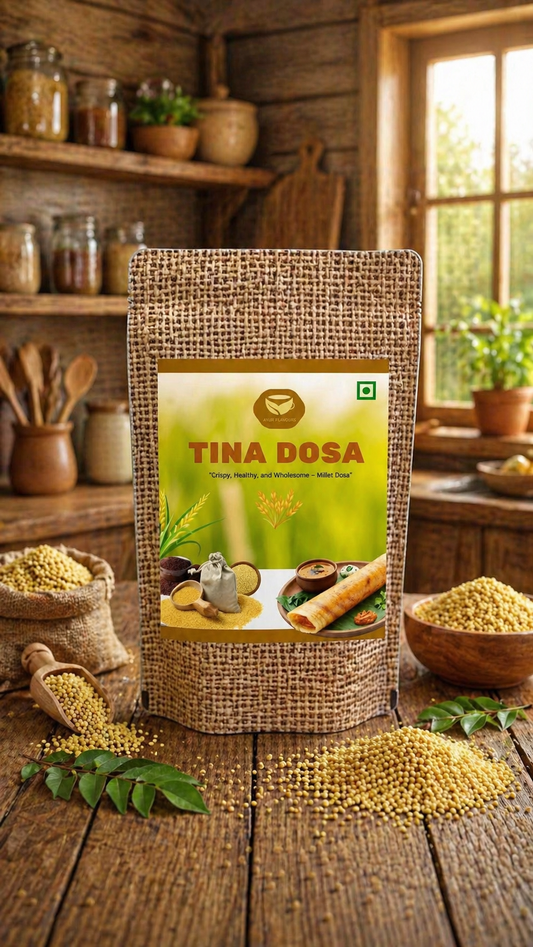 Golden millet dosa on a plate, crispy and freshly cooked, served with side chutneys, from Tina Dosa by My Store.
