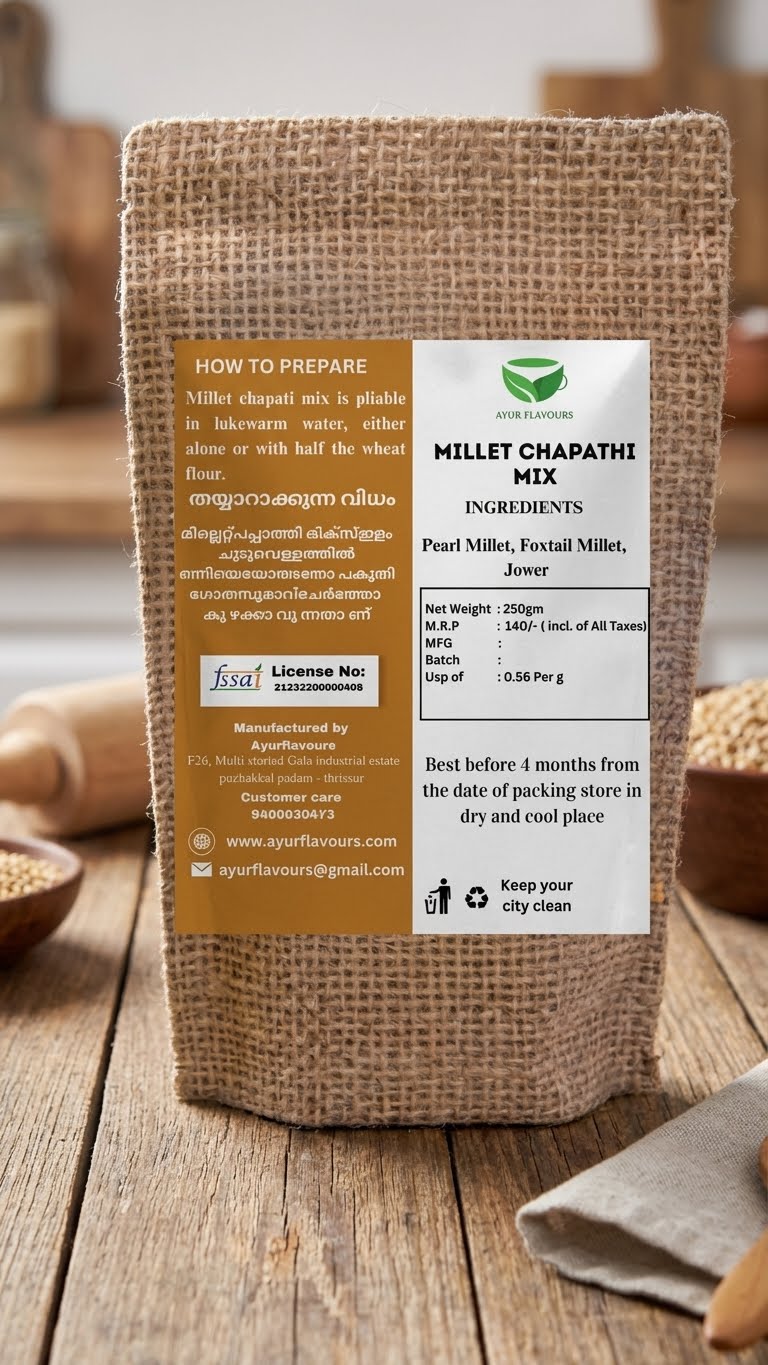 Pearl millet and foxtail millet chappati mix in a package, featuring a colorful label with millet grains and ingredients.