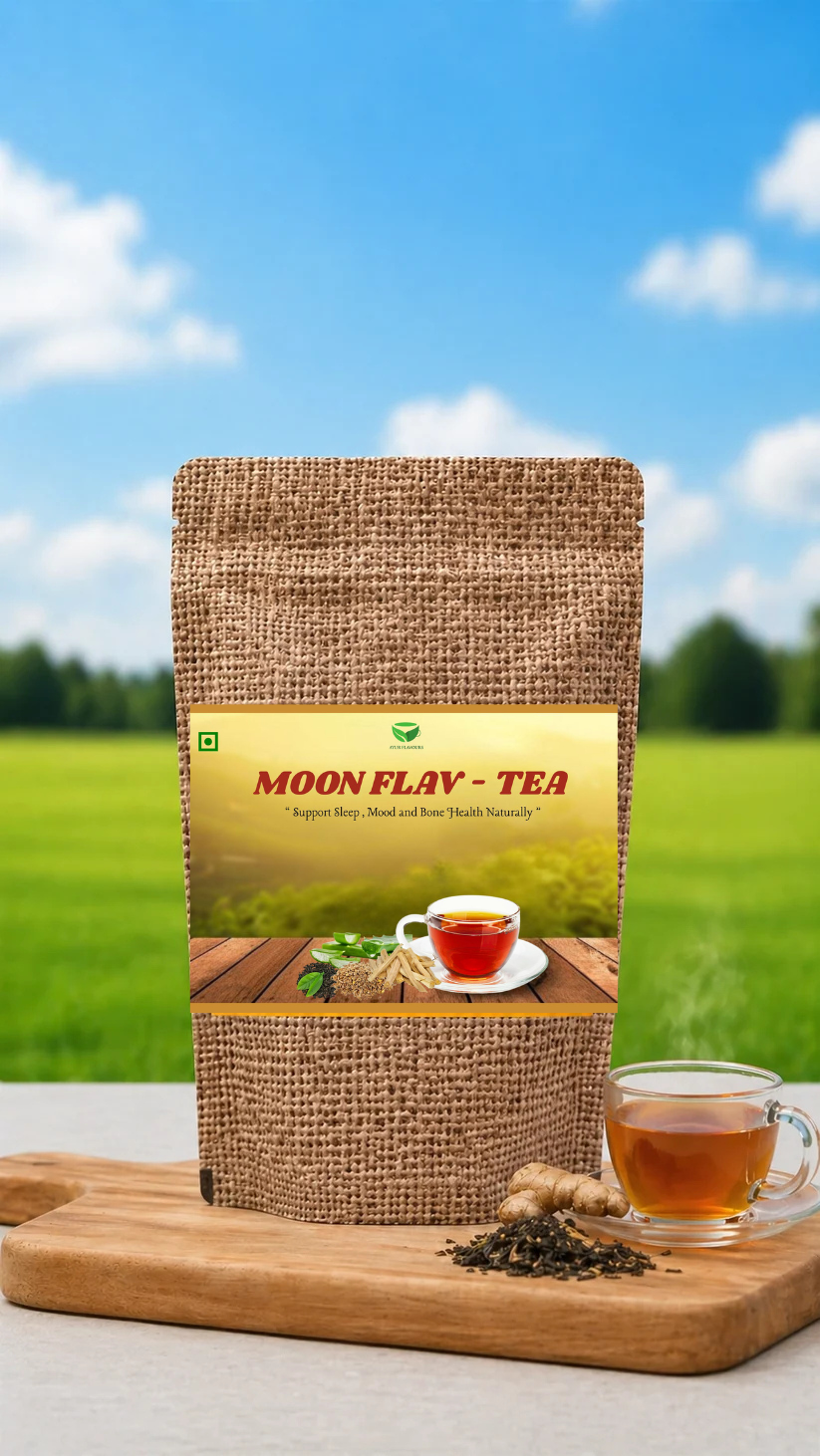 Moon Flav tea by My Store featuring a colorful, artistic tea packaging design with a moon illustration and vibrant floral accents.
