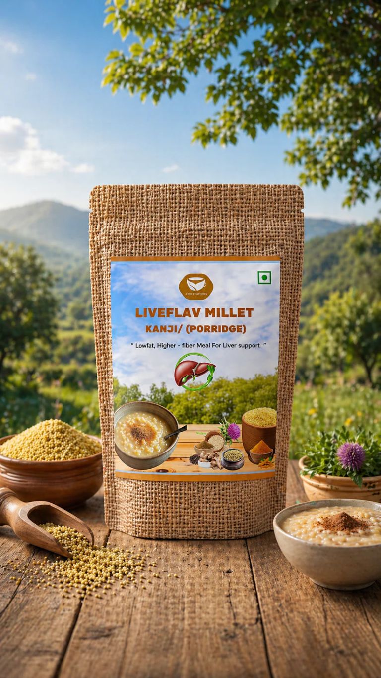 My Store Liveflav Millet Kanji porridge in a bowl with cooked millet, showing a smooth, creamy texture and fresh ingredients.