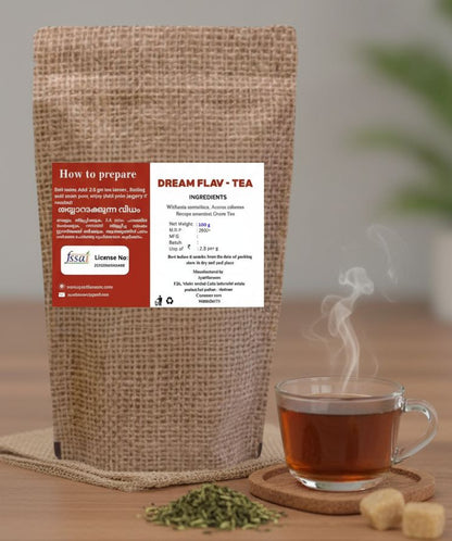 A package of Dream Flav Tea by My Store, featuring a 100g box with colorful tea leaves and branding on the label.