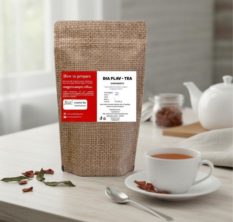 Tea package with a cup of tea on a table