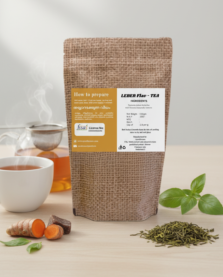 Leber Flav tea by My Store featuring a steaming cup of herbal tea in a white ceramic mug with fresh herbs and lemon slices.