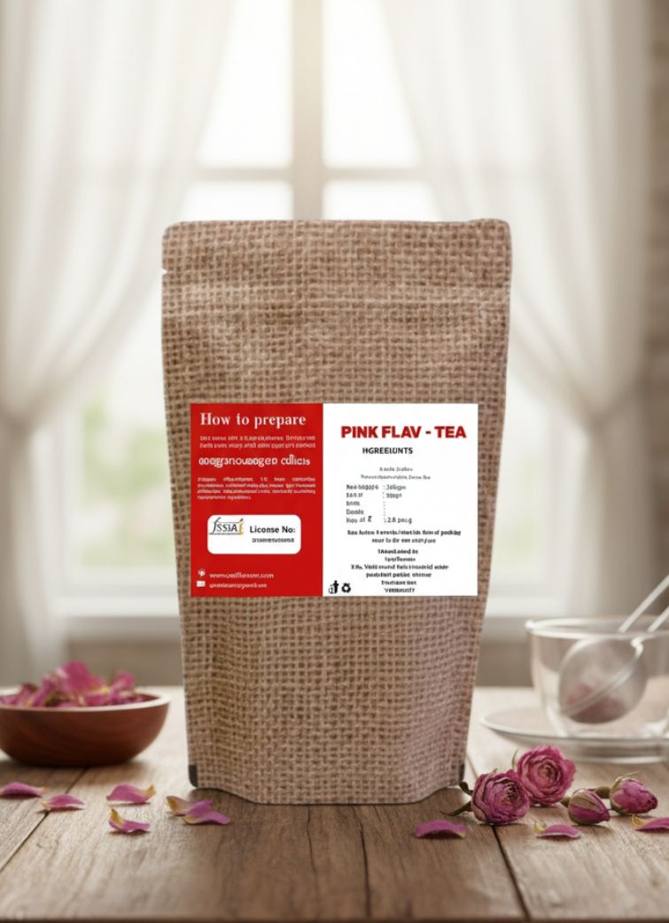 Pink Flav tea by My Store, featuring a vibrant pink tea blend in a clear glass cup with fresh herbs and flowers.