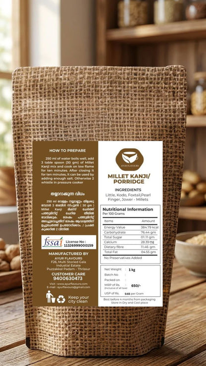 Cooked millet kanji in a bowl, showcasing soft, fluffy millet grains, prepared easily with fresh ingredients.