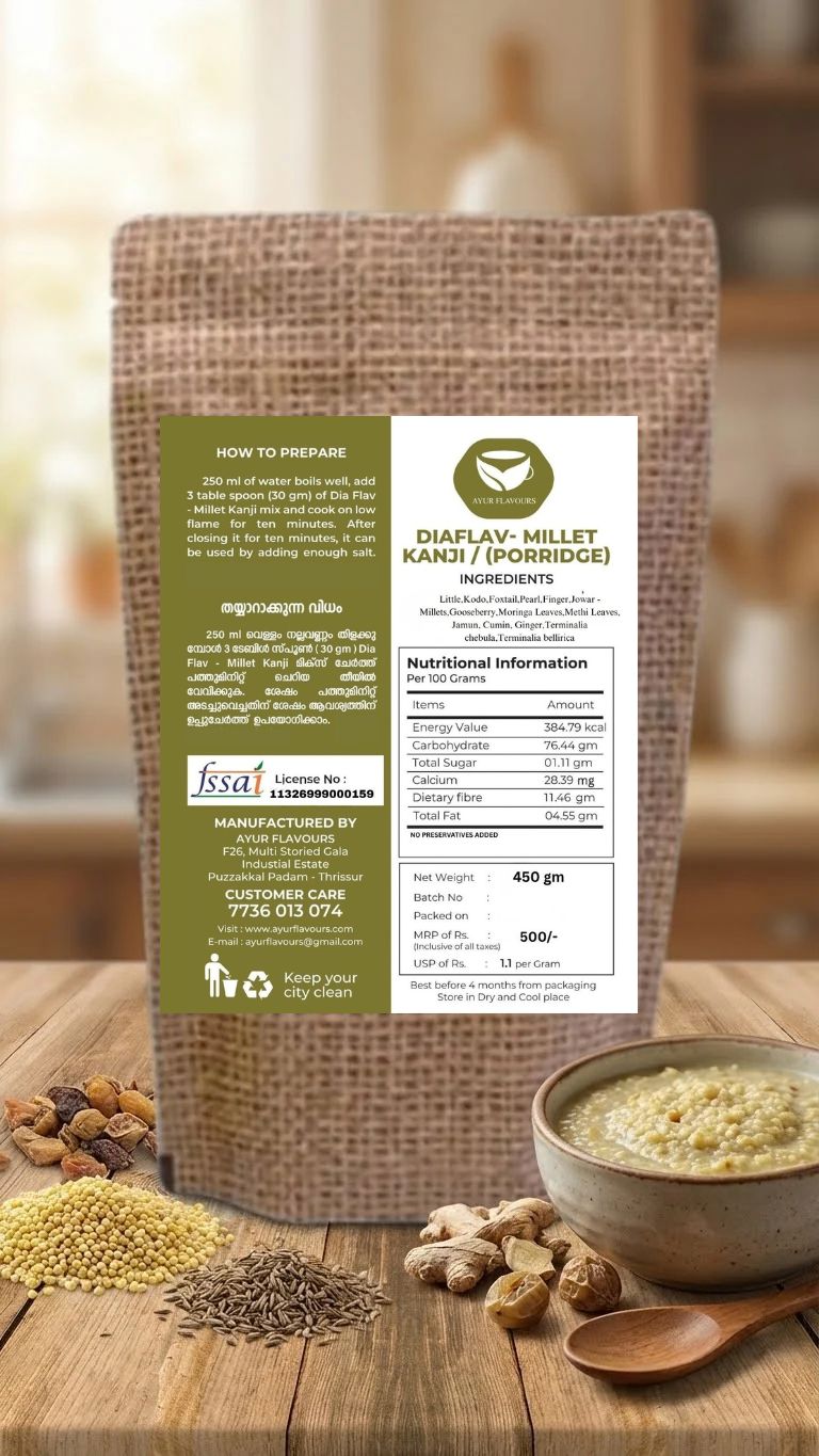 My Store Diaflav millet kanji porridge in a bowl with cooked millet porridge and fresh millet grains on a white background.