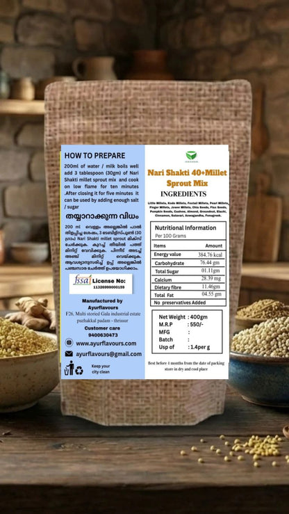 Nari Shakti 40+ Millet Sprout Mix in a bowl, featuring colorful sprouted millet grains and fresh green sprouts on a wooden surface.