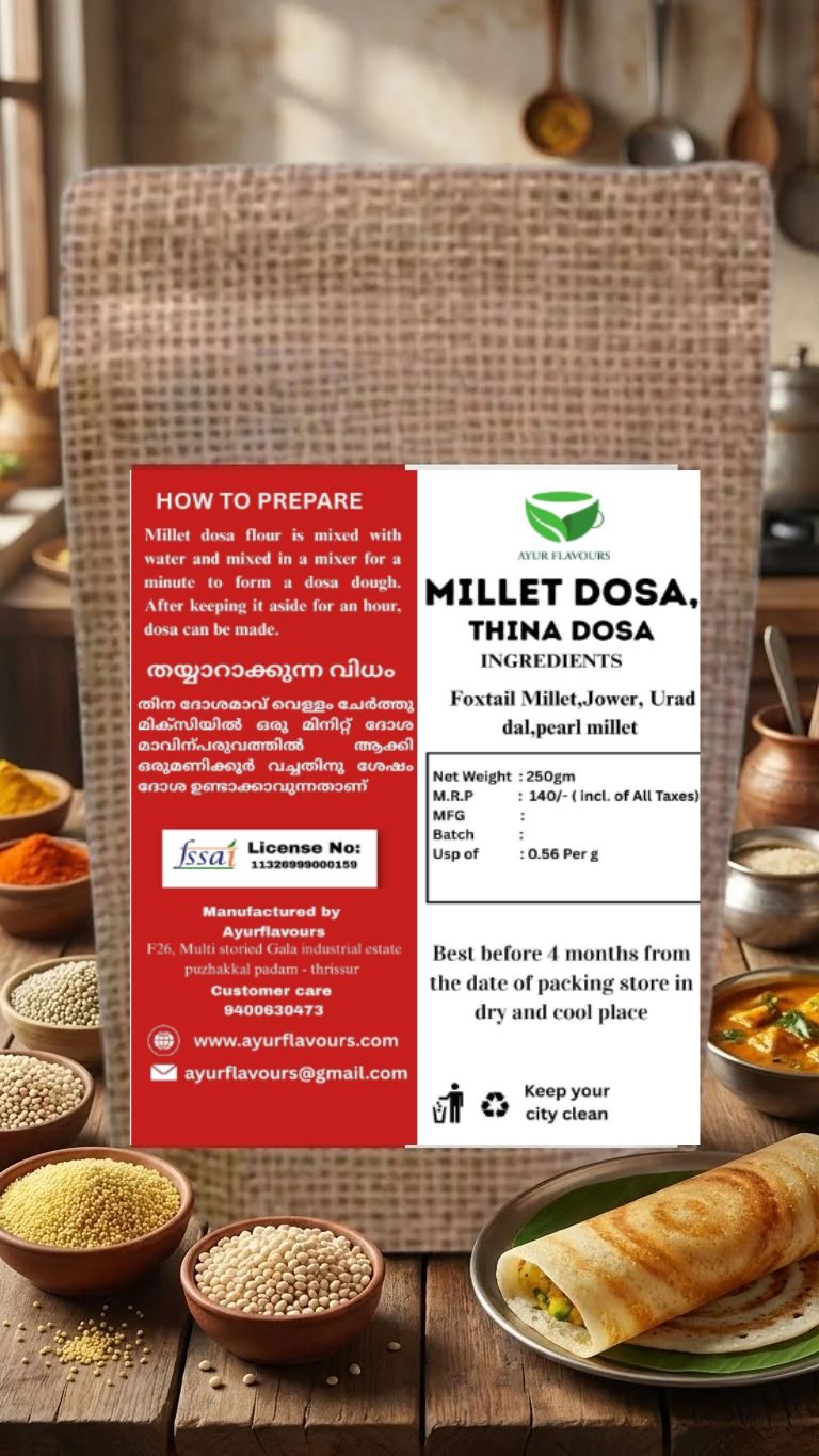 Millet Dosa Mix by My Store shown in a bowl with cooked dosas and ingredients on a wooden surface.