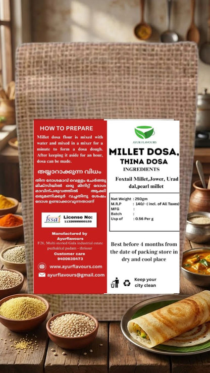 Millet Dosa Mix by My Store shown in a bowl with cooked dosas and ingredients on a wooden surface.