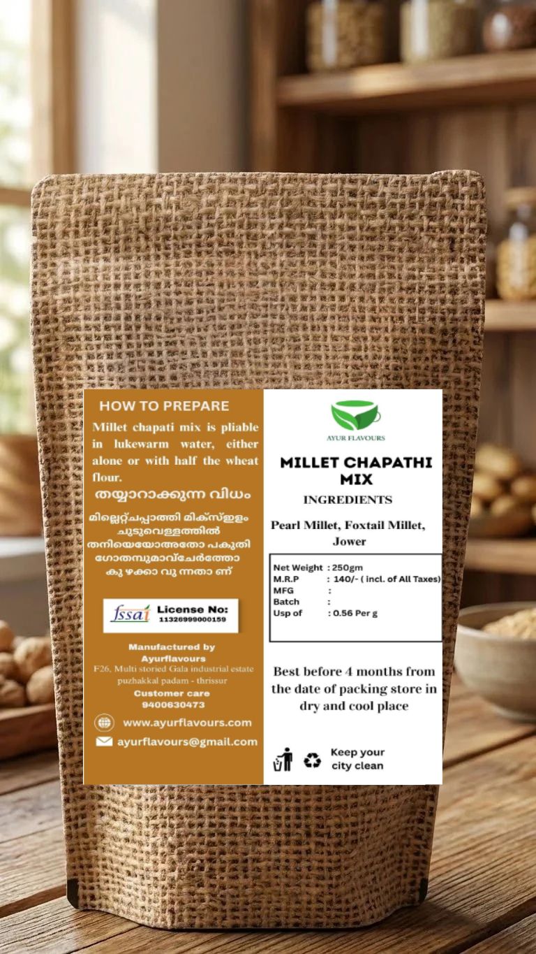 Millet chappati mix from My Store, shown in a bowl with prepared chappatis and millet flour on a wooden surface.