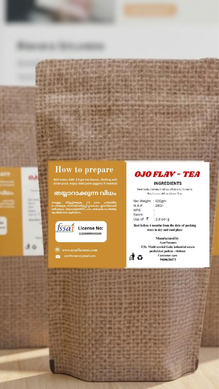 Ojo Flav Tea by My Store displayed in a glass cup with tea leaves and herbs, highlighting natural ingredients and vibrant flavor.