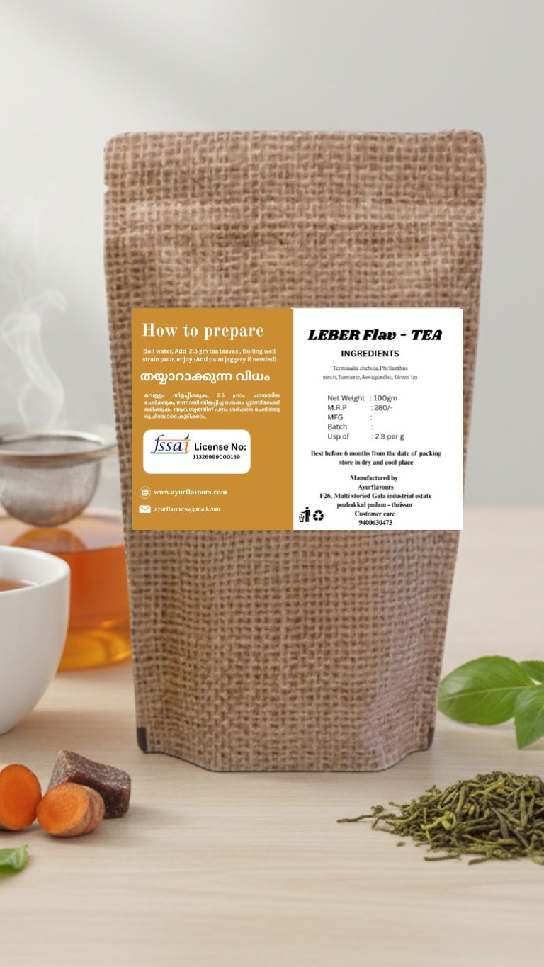 Leber Flav Tea by My Store, featuring a steaming cup of herbal tea with fresh lemon slices and herbal ingredients on a wooden table.