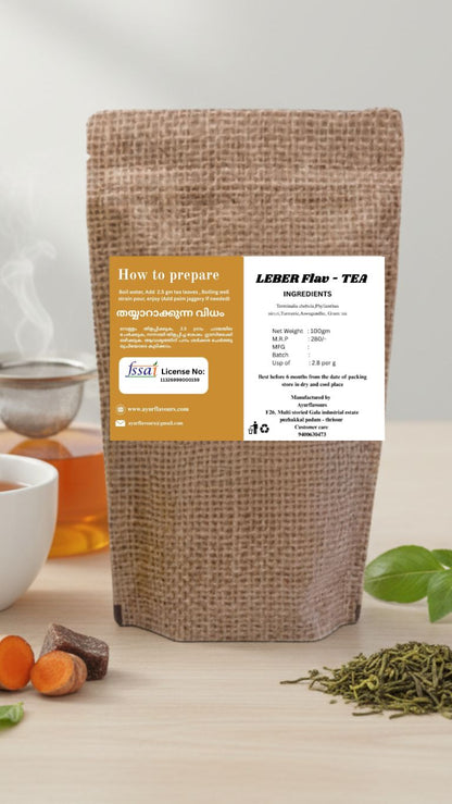 Leber Flav Tea by My Store, featuring a steaming cup of herbal tea with fresh lemon slices and herbal ingredients on a wooden table.