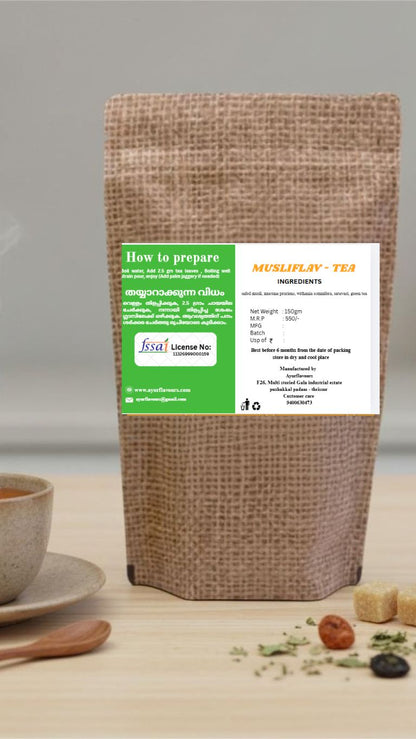 Musli Flav Tea by My Store featuring a steaming cup of herbal tea with fresh ingredients and packaging in the background.