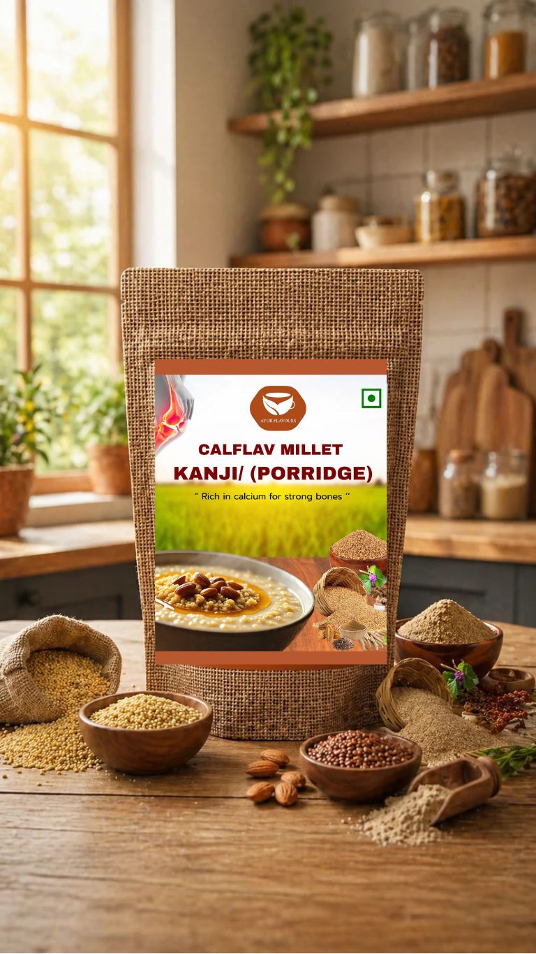 Calflav Millet Kanji porridge in a bowl, served with fresh herbs, showcasing its creamy texture and wholesome appearance.