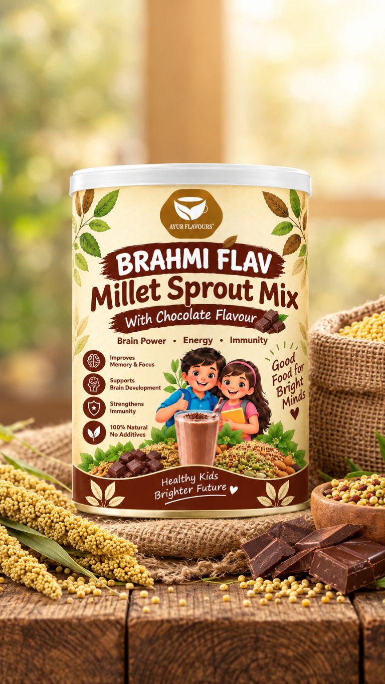 Brahmiflav Millet Sprout Mix in a clear bowl, showcasing fresh, vibrant millet sprouts ready for healthy meals.
